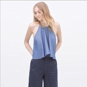 Zara Tank Top Premium Denim Collection Chambray Halter Cropped Flowy Blue S
